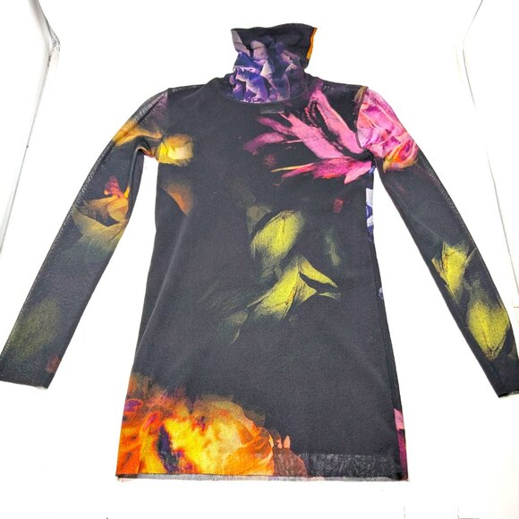 FUZZI Italy Bodycon Turtleneck Mesh Top Medium Black Floral - Picture 8 of 15